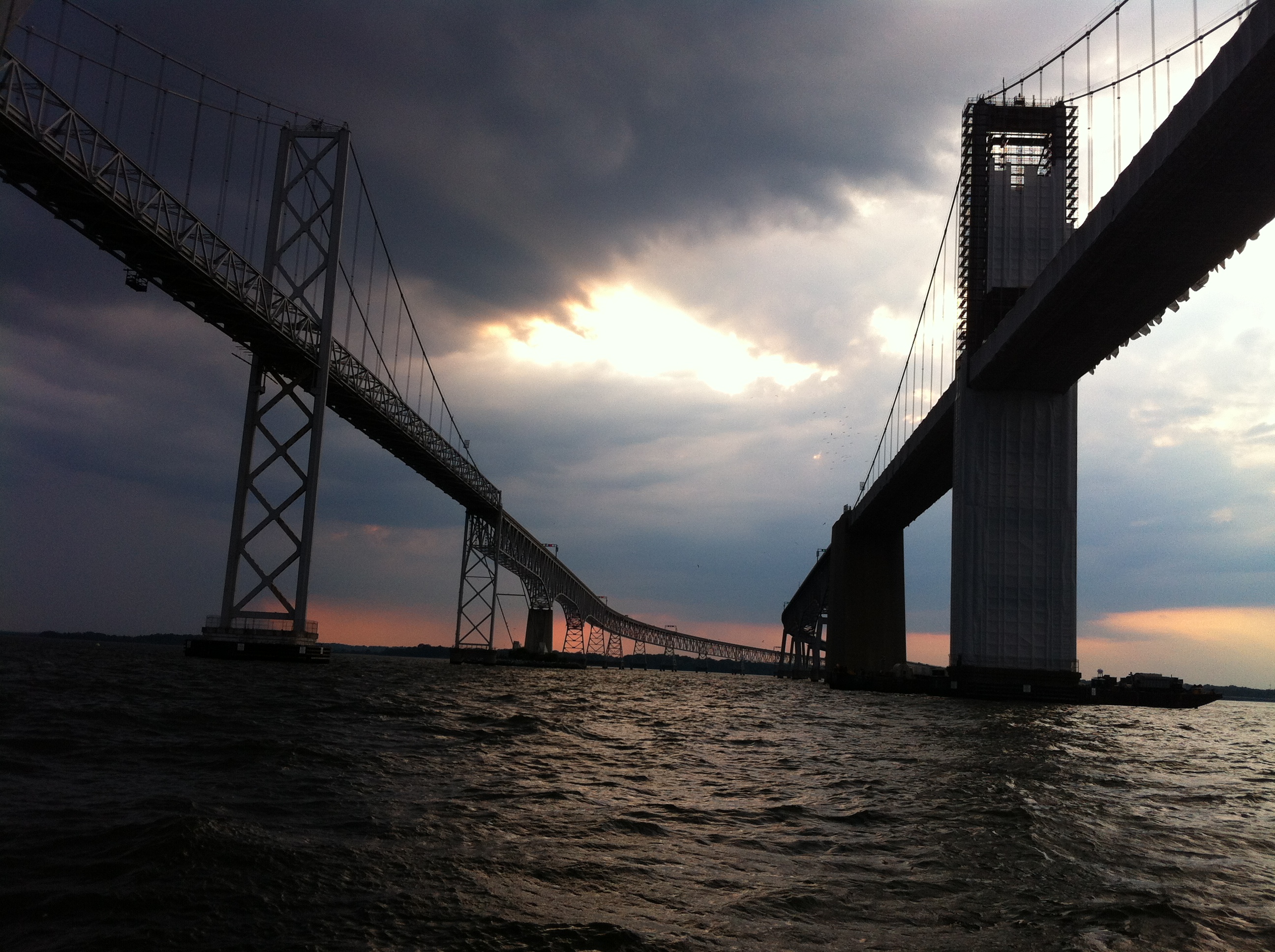 Dark storm over the Bay Bridge spans