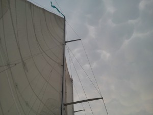 Sky above Schooner Woodwind II, looks like we sailed into a cotton ball bag!