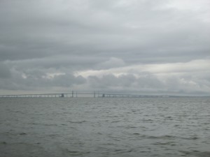 Chesapeake Bay Bridge with the dramatic clouds (taken from Schooner Woodwind II)