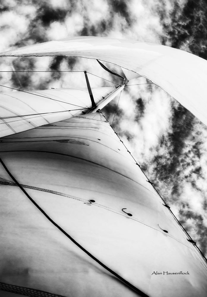 Black and White picture of our sails and the sky