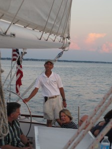 At the helm of the Schooner Woodwind II, I am delighted with this sail!