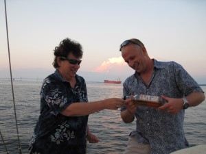 Pouring Catoctin Creek, "Mosby's Spirit" Whiskey aboard Schooner Woodwind II