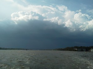 Clouds over the Severn River as we sail into the harbor.