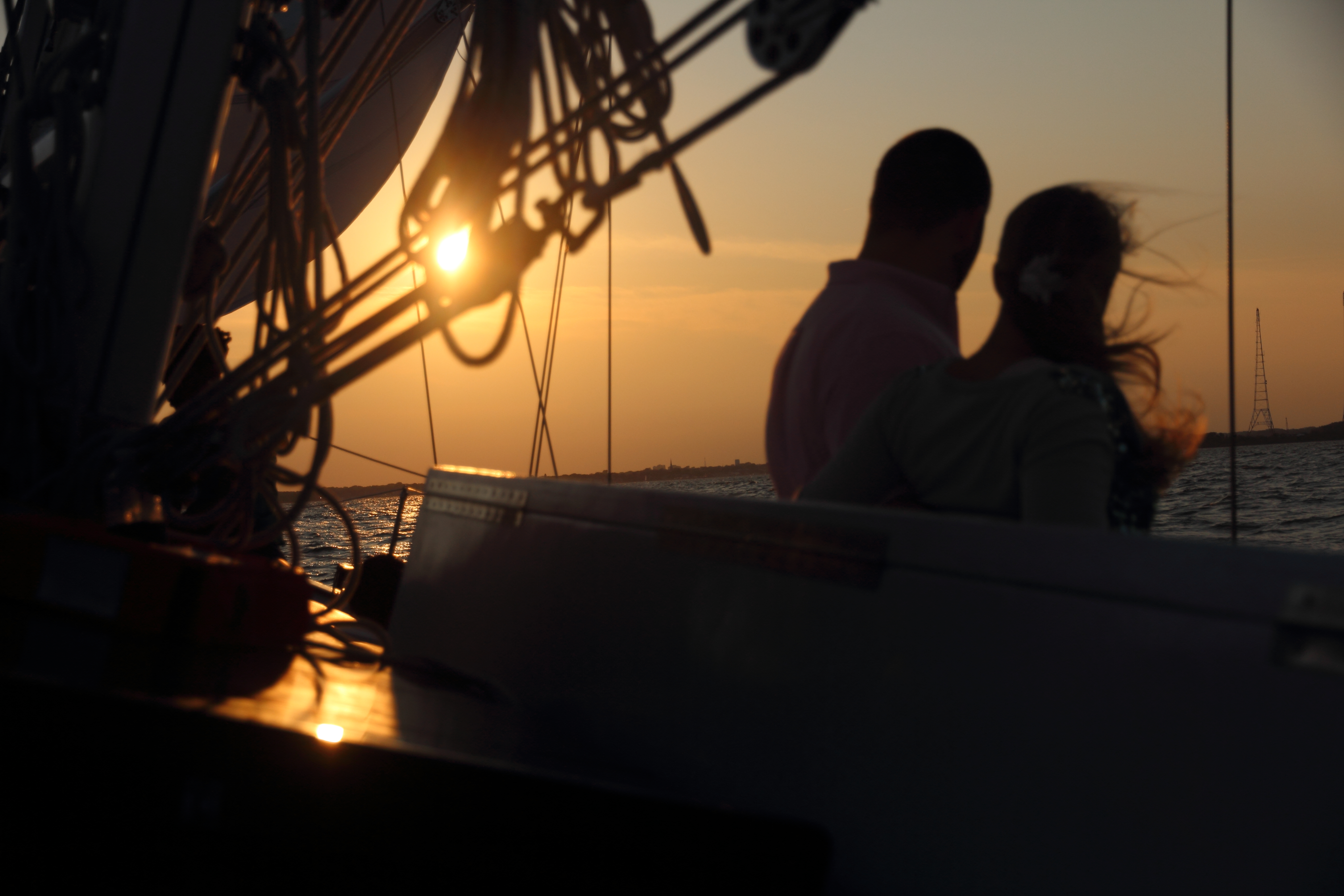 Couple in the sunset on the schooner