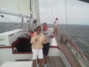 Maureen and Jim sailing on a private cruise on the Schooner Woodwind