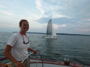 Sailing Woodwind Alongside a Trimaran at the Mouth of the Severn River
