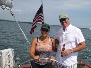 Jim and Michele at the Wheel of Schooner Woodwind