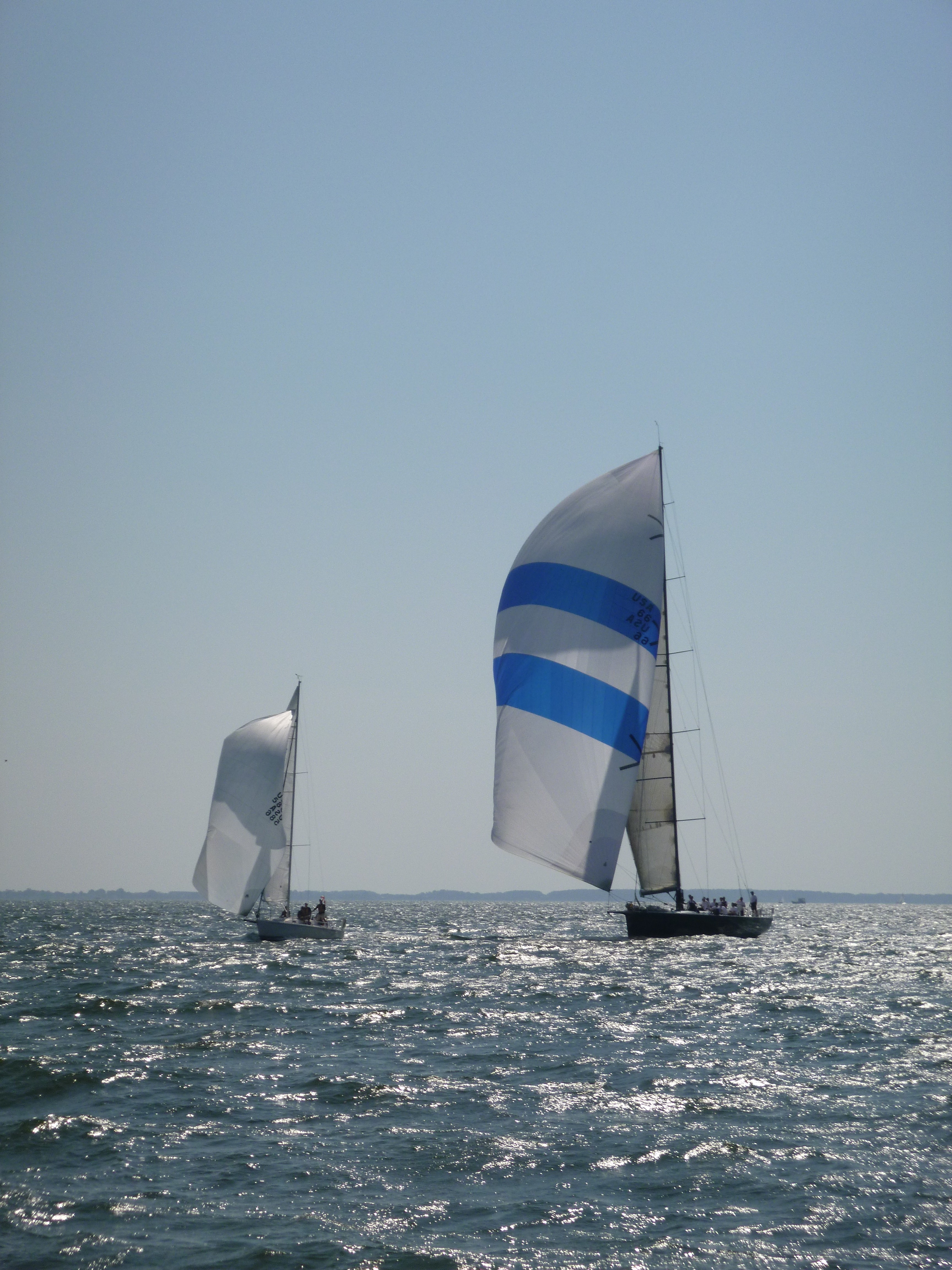 Donnybrook (80+ foot race boat) sailing through the fleet of Hospice Cup