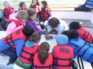 Girl Scouts learning about navigation on the Schooner Woodwind