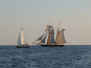 Pride of Baltimore II sailing in the Chesapeake Bay during sunset