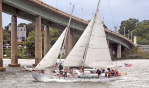 Sailing with lots of wind under the US Naval Academy Bridge