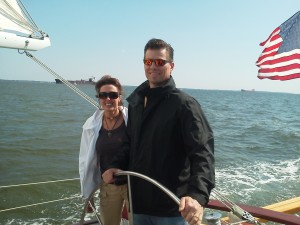 Reed and Ginny steering the Schooner Woodwind