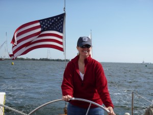 Captain Leanne on her birthday steering the Schooner Woodwind
