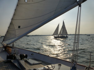 Getting ready for the start of the Wednesday Night Race. On the starting line just before the start.