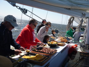 Going through the buffet line on the Schooner Woodwind II for Mother's Day Brunch.