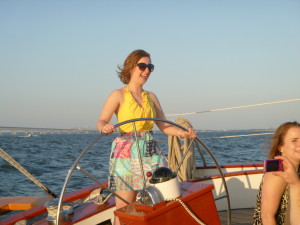 At the helm of Schooner Woodwind