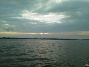 Sunset over the city skyline. Beautiful night on the Woodwind II.