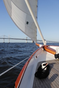 On the foredeck looking at the Bay Bridges.