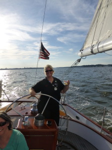 Beth at the helm of the Schooner Woodwind II. Happy Birthday!