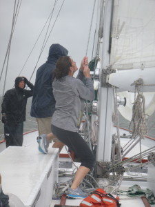 Denise and Sam raising the Stay Sail