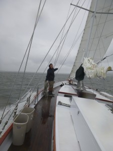 Sam on the bow on a blustery day
