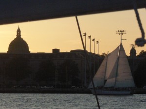 As the sun fades, the Naval Academy is a silhouetted back drop.  
