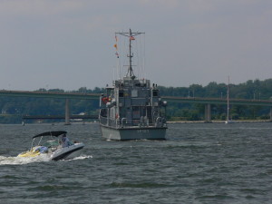 Yard Patrol vessel is heading up the Severn.  This is the training vessel for the Midshipmen.