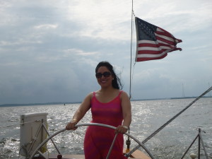 Dayana at the wheel of the Schooner Woodwind