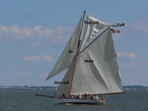 Sloop with gaff main, main top-sail, jib stay-sail, and jib.