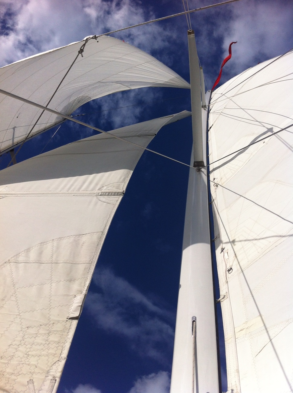 White sails against a blue sky with white clouds