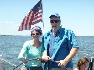 Allen and Sue celebrating His bday aboard Woodwind II