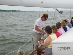 Our surefooted Sommelier/crew Glenn pouring wine and sailing at the same time
