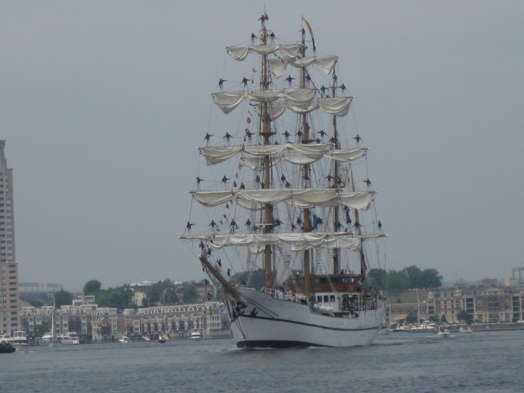 Tall ship in Baltimore with crew all standing on masts