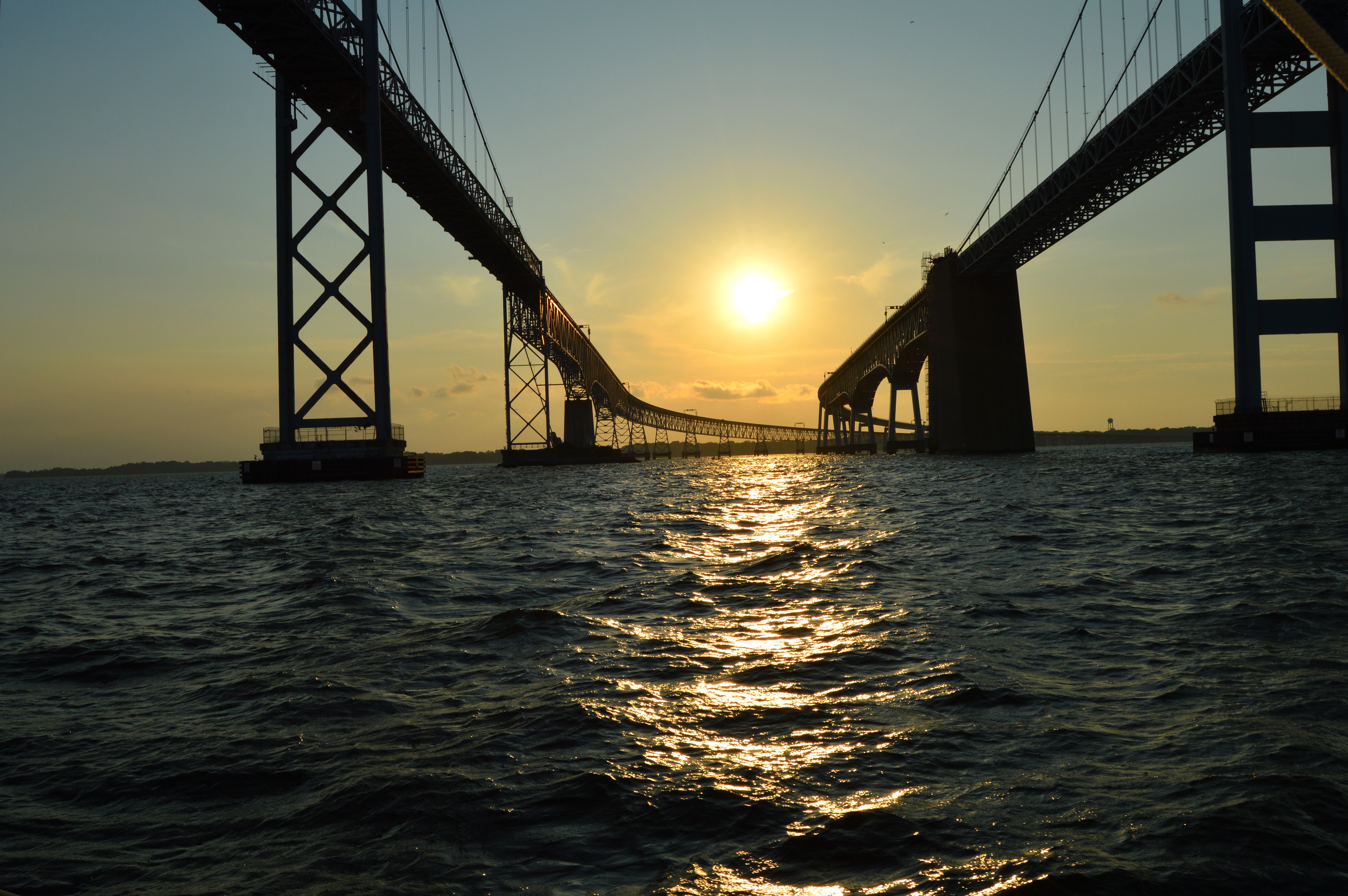 Sailing under the Bay Bridge at sunset