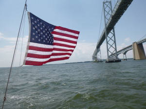 Sailing under the spans of the Bay Bridge