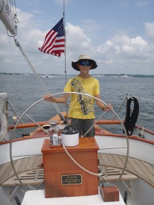 Smilin Jack! At the wheel of the Schooner Woodwind