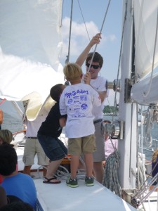 Matt's helpers for pulling up the staysail