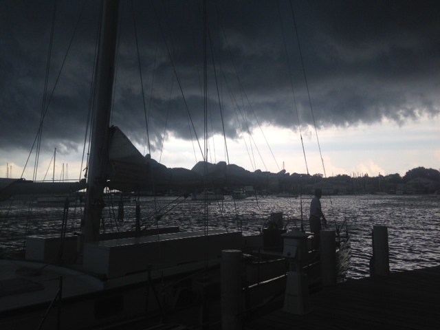 Storm clouds gathering over the schooner
