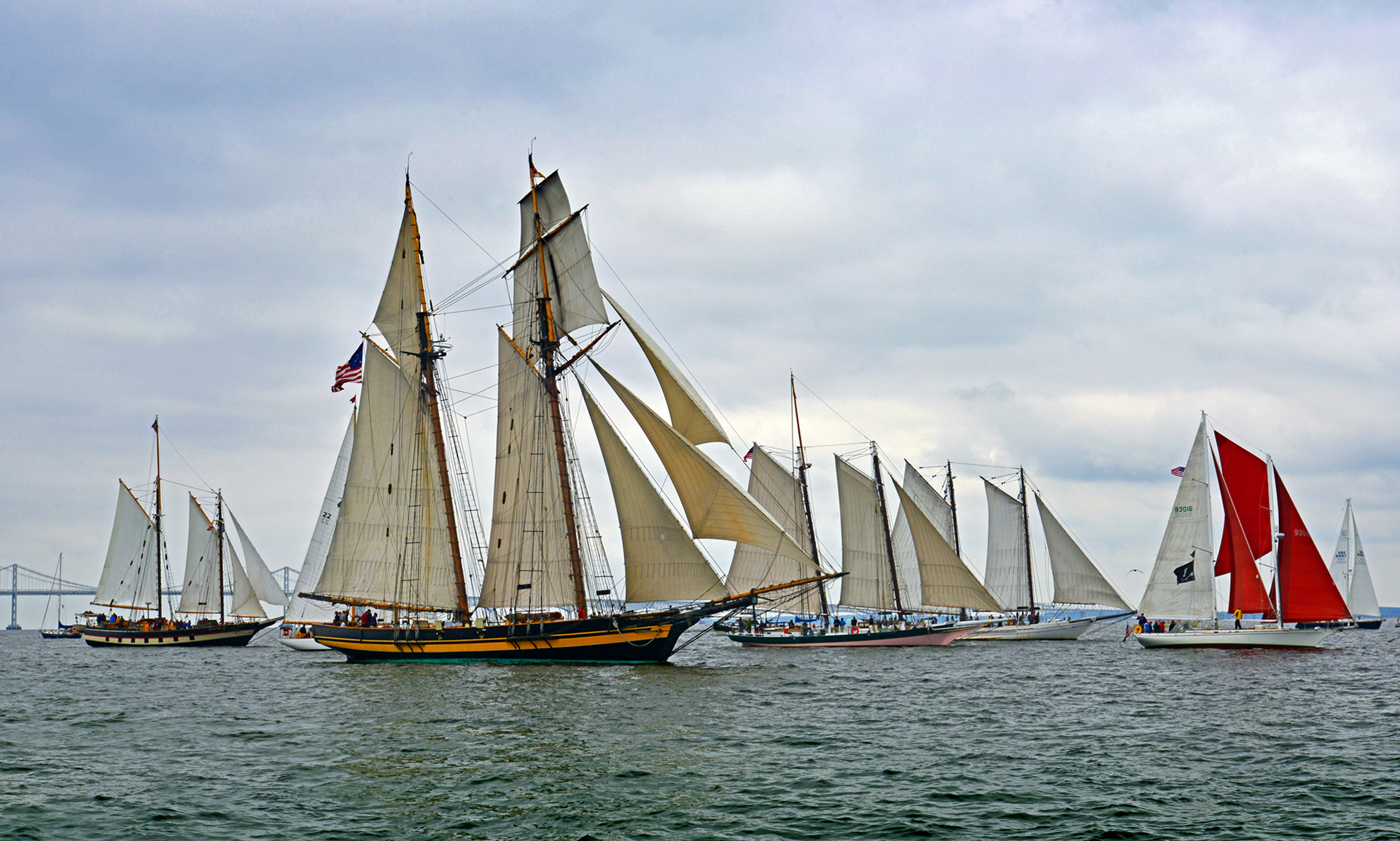 The start of the Great Chesapeake Bay Schooner Race with 4 schooners in picture