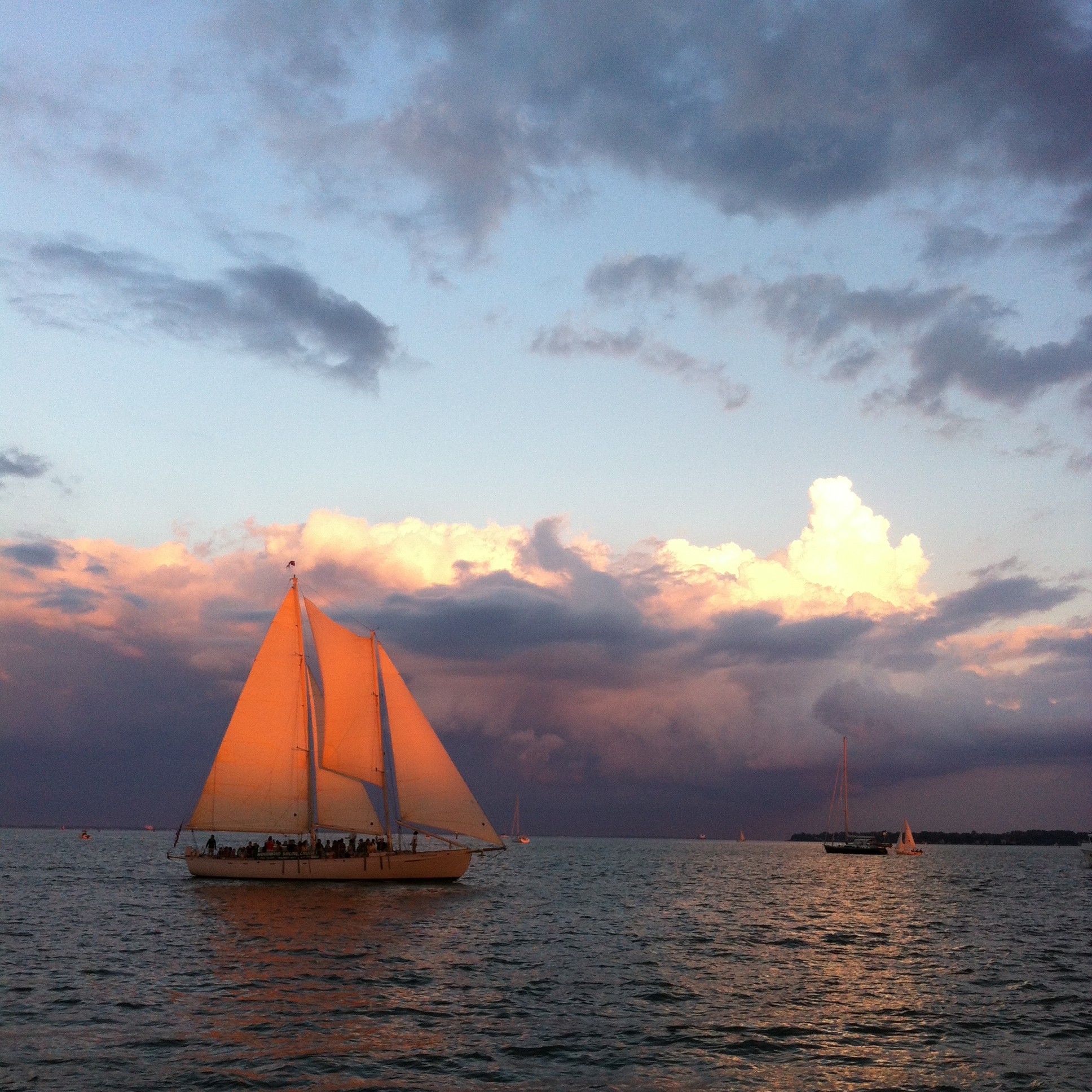 Woodwind with sunset making sails glow orange against a purple sky