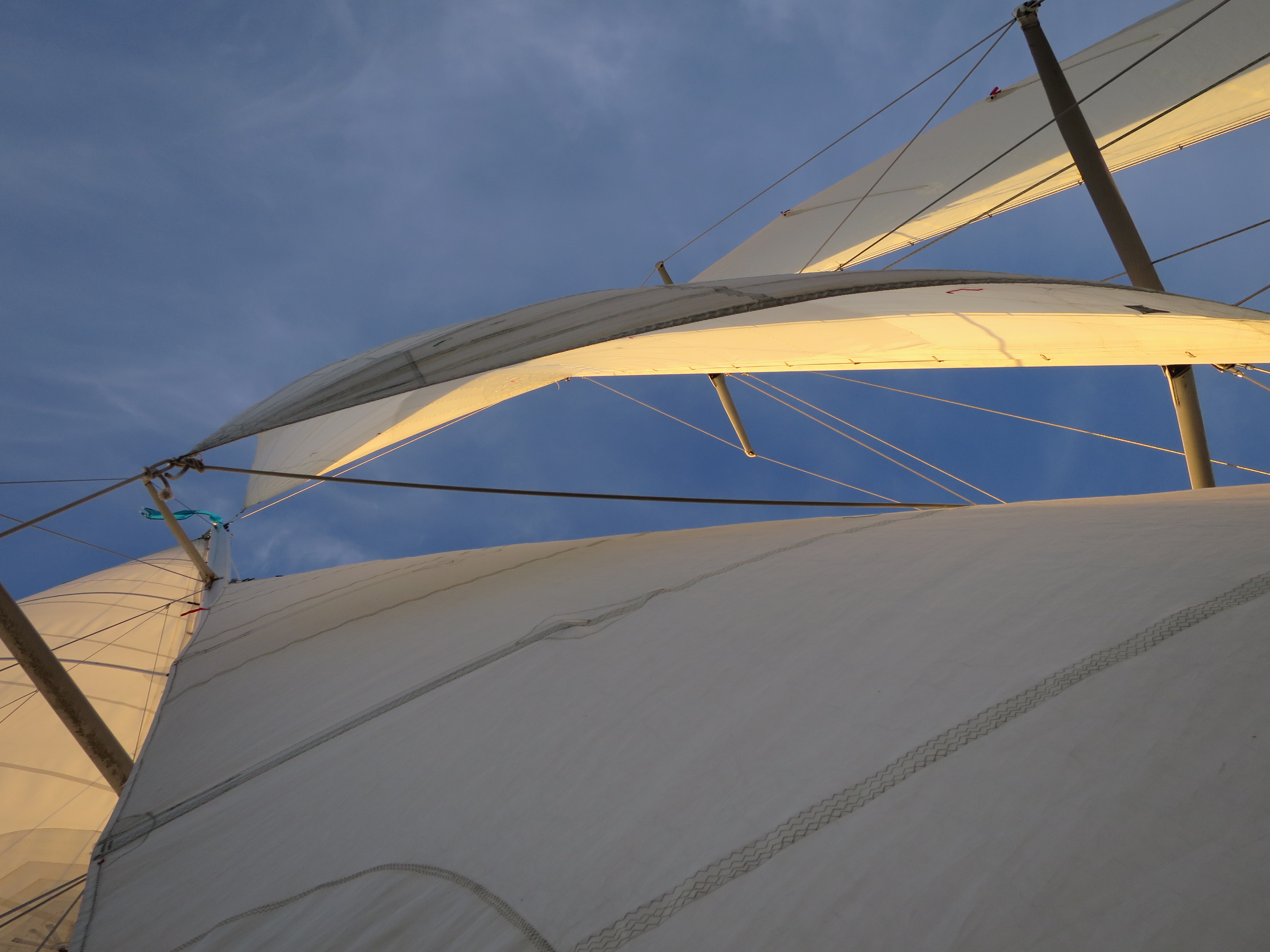 Looking straight up through the sails to blue sky