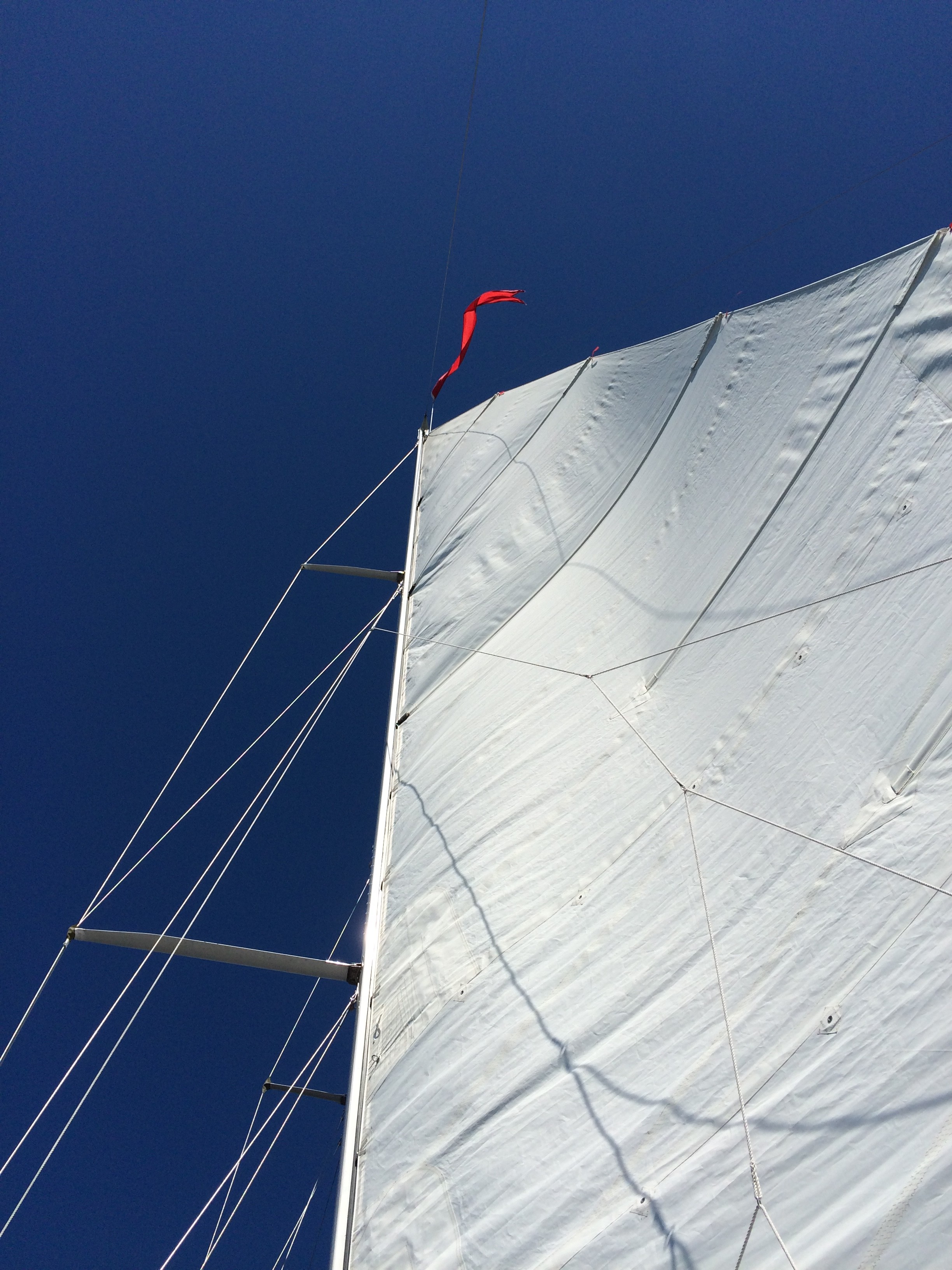 White Sail in a blue sky with red burgee flag flying