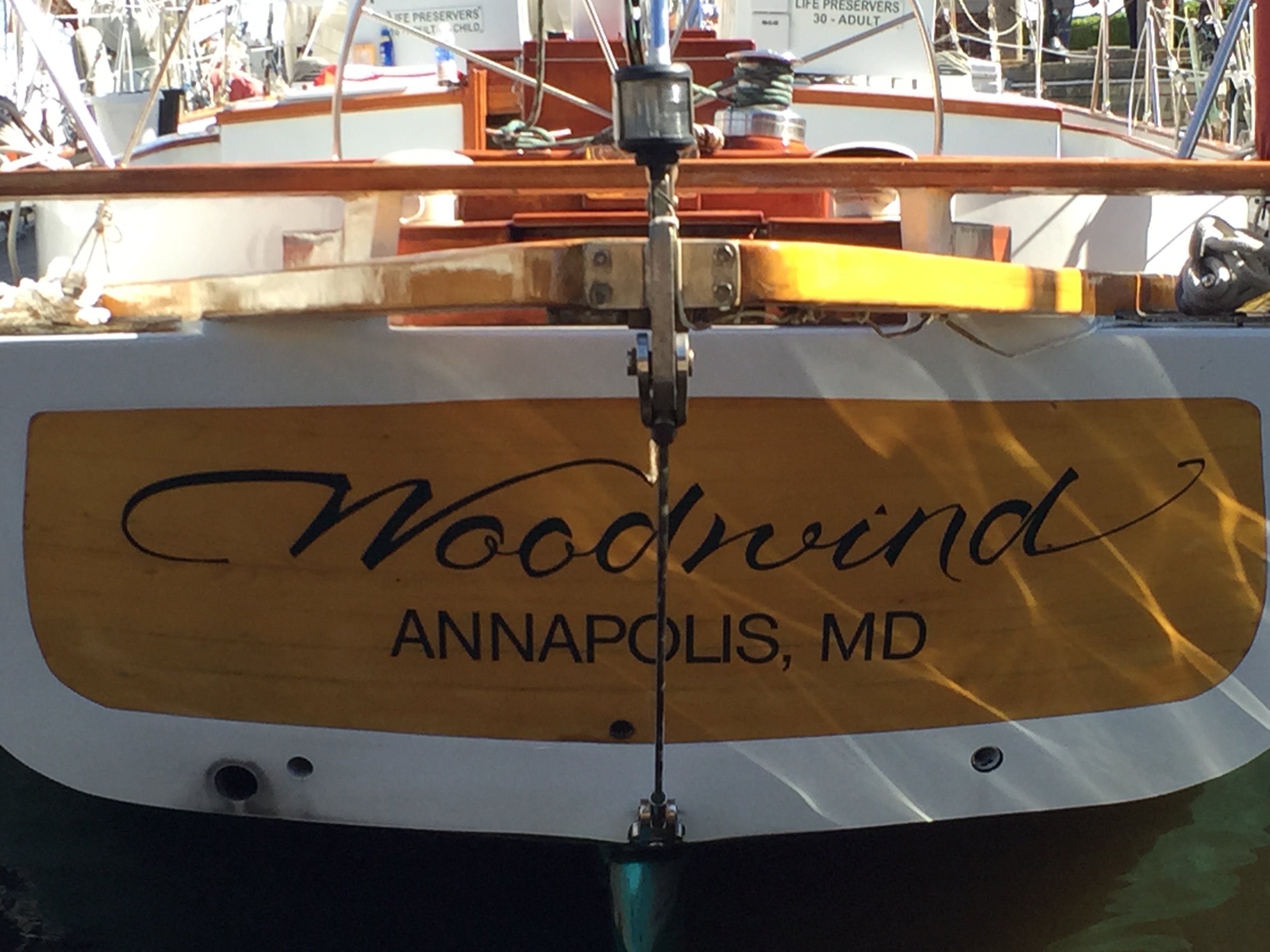 The name Woodwind Annapolis, MD on the back of the Schooner