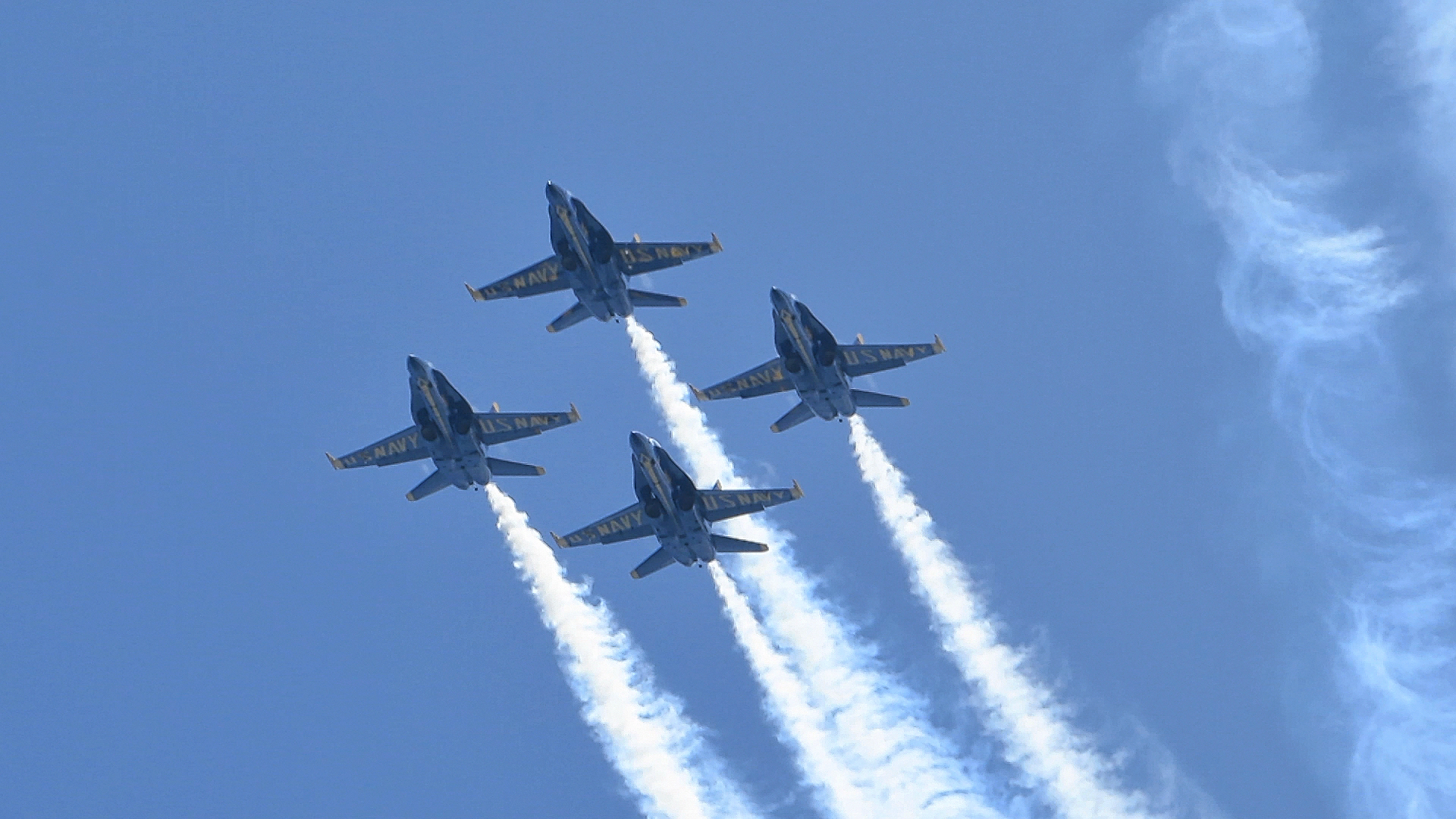 The USNA Blue Angels flying in a clear blue sky