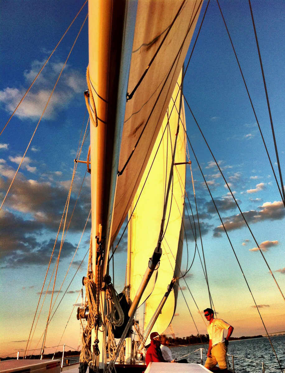 Beautiful gold and blue sunset reflecting off of sails