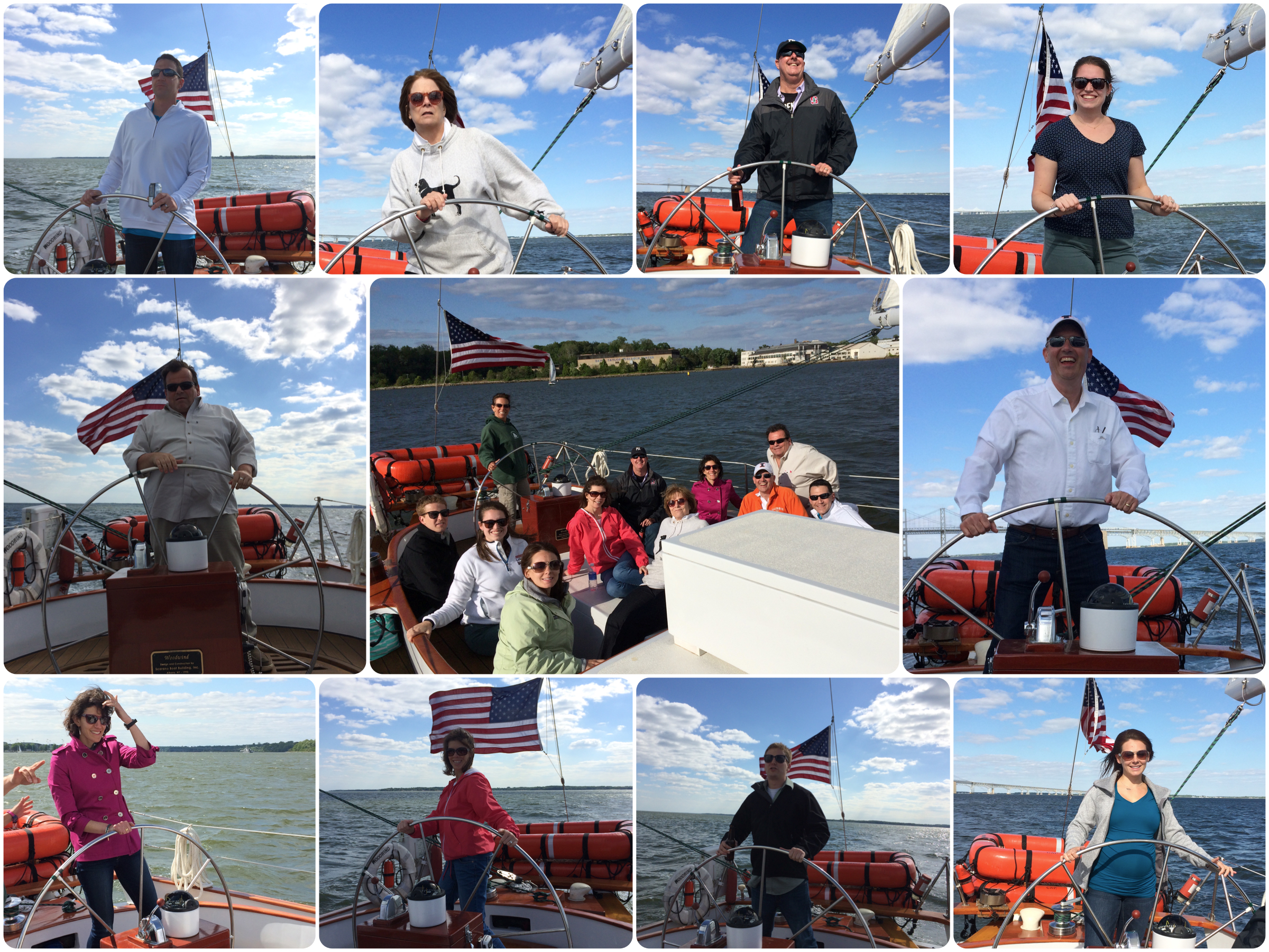 Team building collage of pictures of people steering the schooner