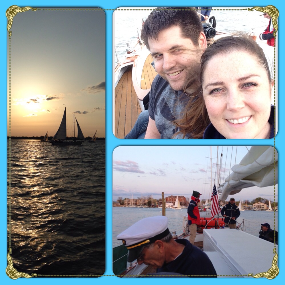 A collage of guests and sunset pictures on our schooner
