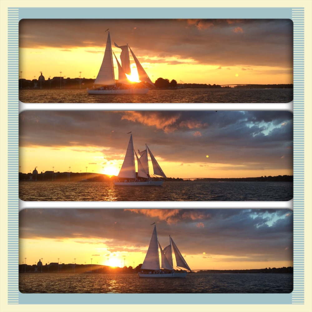 Three pictures of Schooner going by the sunset over the Academy