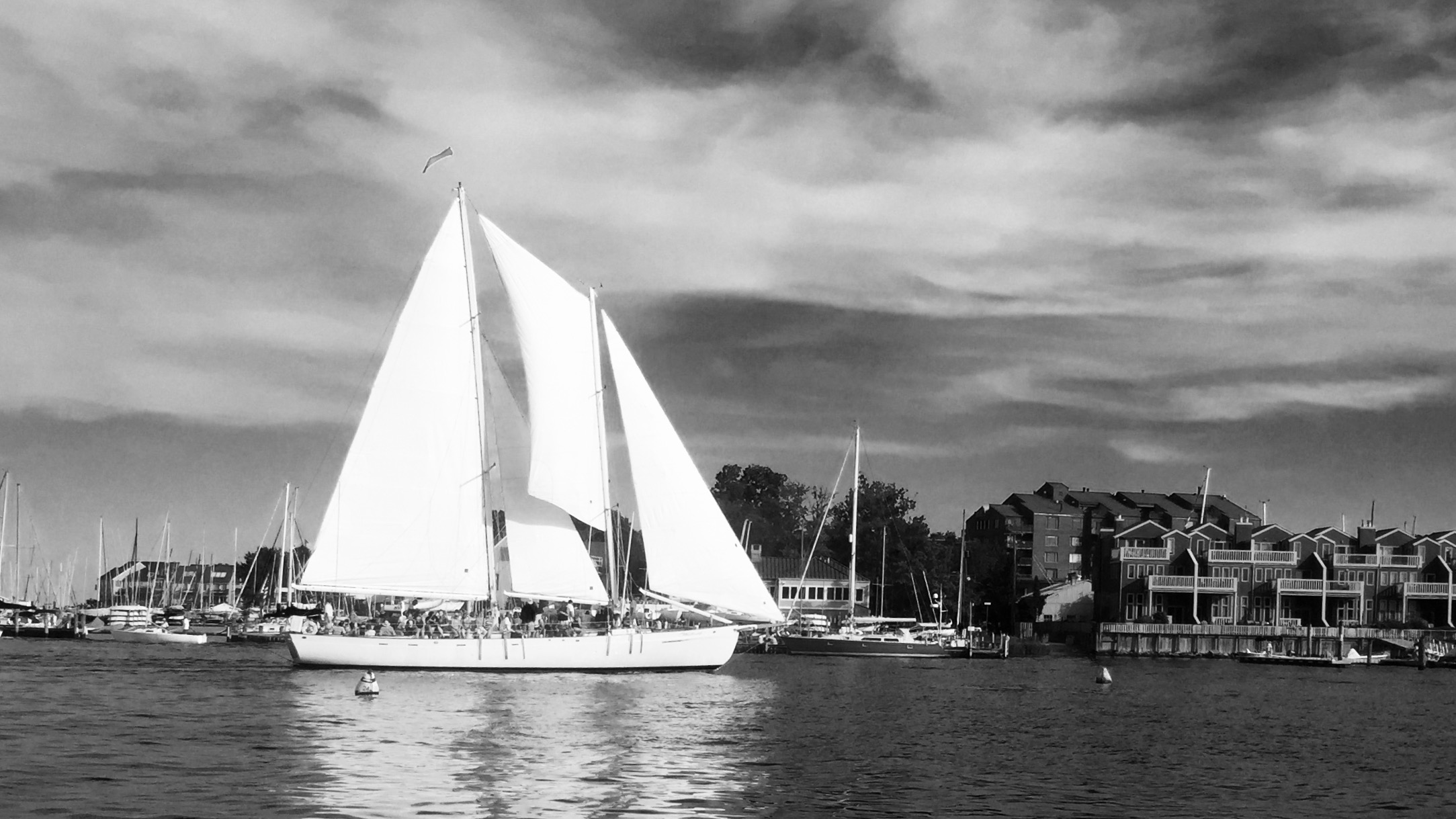 Dramatic black and white picture of the schooner and landscape behind it