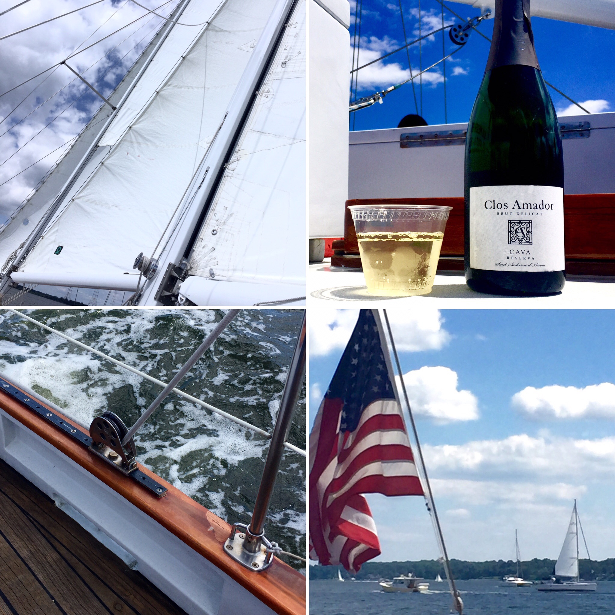 Collage of enjoyment on sailing, wine, sails, water and views